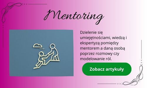 Mentoring - grafika przedstawiajace jedną postać pomagającej drugiej pokonać trudności